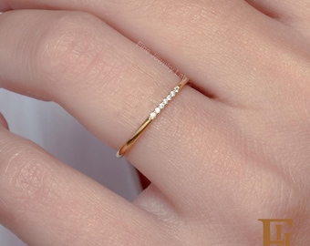 Dainty round ring in solid gold with 7 diamonds, Ultra-thin diamond band, Black diamond thin ring, Skinny ring 1.10mm. Gift for her
