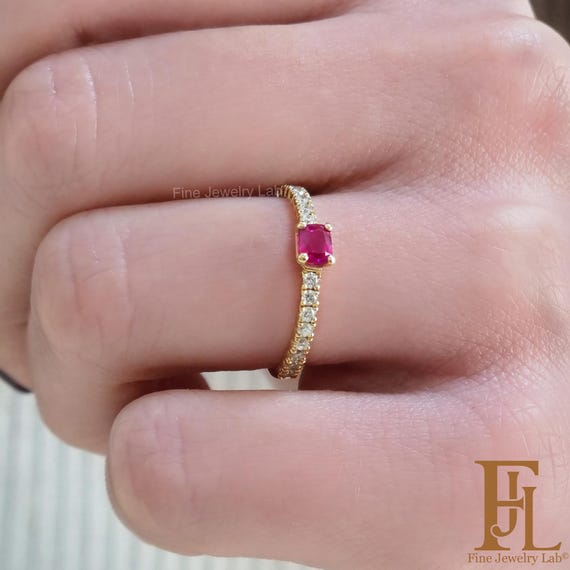 Dainty Cushion Ruby Ring: 16 Diamond Stacking Ring, Solid Gold