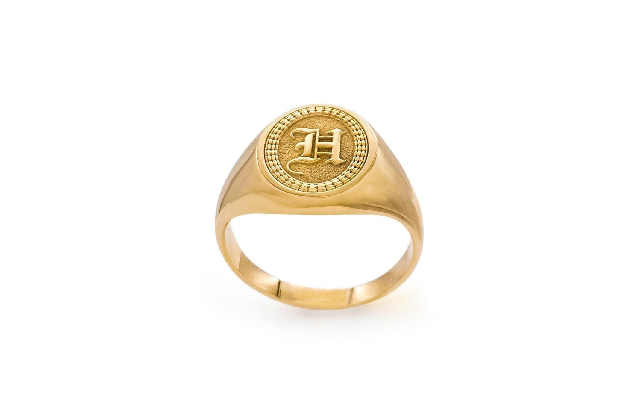 Solid gold custom signet ring with border decoration, Gold Coat of Arms Ring family gift, Personalised Gift, Unisex gold ring, border