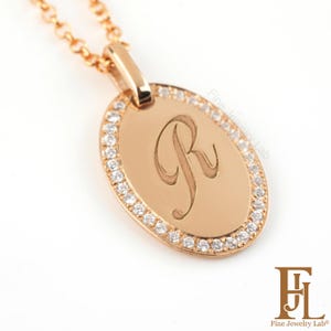 Pave Diamond Framed Medallion Necklace, 9k to 18k Solid Gold Engraved ANY Initial Pendant, Oval Monogram Layering, Fine Jewelry Gift for Her