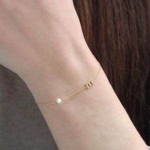Dainty Solid Gold Initial Bracelet: Natural Pearl, Personalized Letter