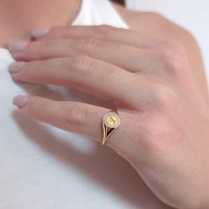 Small Solid Gold Diamond Signet Ring, Engraved Initial image 8