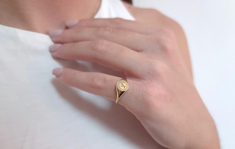 Small Solid Gold Diamond Signet Ring, Engraved Initial image 8