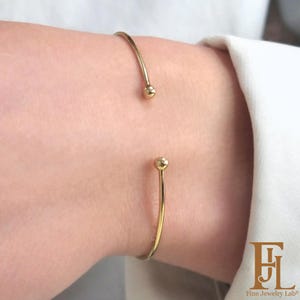 Double Ball Bangle Bracelet for everyday, 14ct Open Bangle bracelet in any Size, Classic Solid Gold Cuff Bracelet, Fine Jewelry Gift for Her