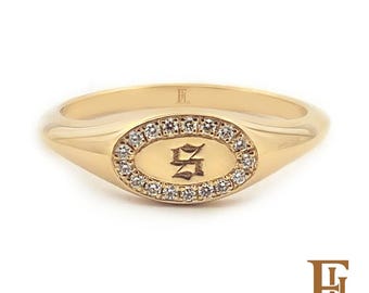 Solid Gold Diamond Pave Signet Ring, Personalized Engraving, Fine Jewelry