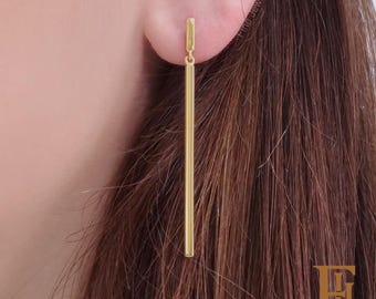 Solid Gold Dangle Bar Earrings: Minimalist Geometric Drop, Handmade