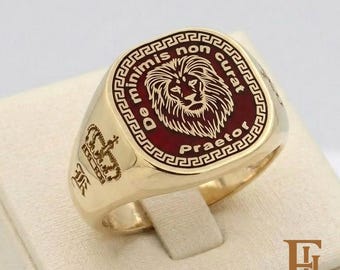 Personalized Solid Gold Family Crest Signet Ring, Unisex Engraved pinky ring with enamel