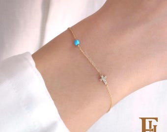 Gold Diamond Cross Bracelet, Turquoise Accent, Delicate Fine Jewelry, 9k 14k 18k