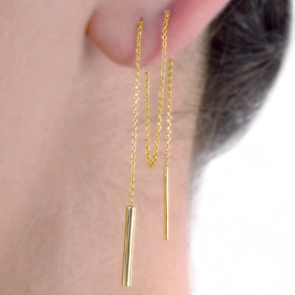 Long threader earrings in solid gold, Handmade long chain Earrings, Trendy minimalist and lightweight Everyday earrings, Gift for her 15 cm