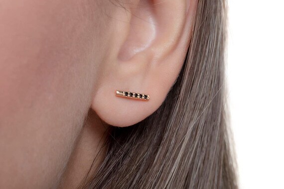 Round Diamond Bar Studs in Solid Gold, Bar Earrings With Diamonds  