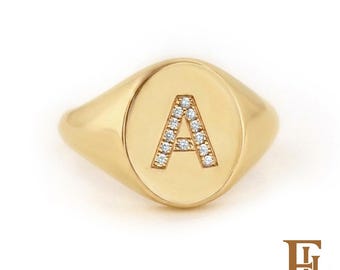 Solid Gold Diamond Pave Initial Signet Ring, Personalized Fine Jewelry