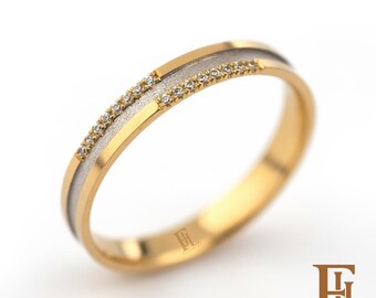Two-color diamond wedding ring with texture, Unique handmade promise band in gold, 3mm