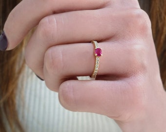 Dainty diamond ring with natural Ruby, Cushion Ruby ring with 16 natural Diamonds, Unique Stacking diamond Ring, Dainty Gift for Anniversary