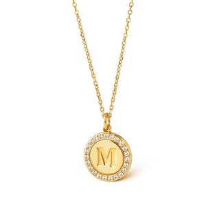 Small round initial diamond disc necklace in solid gold, Diamond Monogram necklace, Solid gold personalized gift, Unique Customised gift