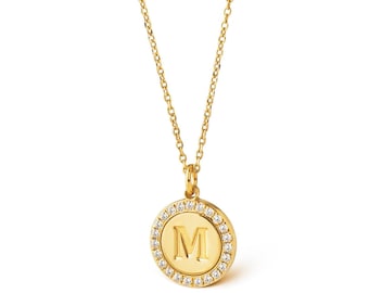 Solid Gold Diamond Initial Disc Necklace, Personalized Monogram Pendant