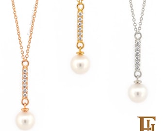 Solid Gold Pearl Diamond Bar Necklace: Timeless Fine Jewelry piece