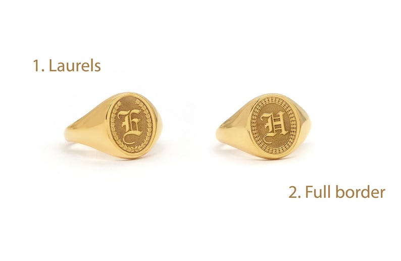 Solid gold custom signet ring with border decoration, Gold Coat of Arms Ring family gift, Unisex gold ring, Personalised Gift RN 345 border