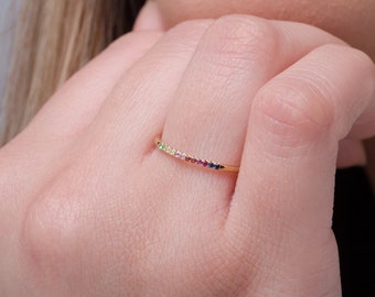 Multi Sapphire skinny ring, Dainty Rainbow thin ring for women, Extra thin band with Multi colour sapphires, Unique gift for her  1.1mm