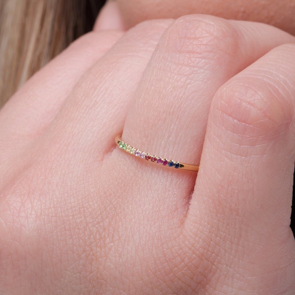 Multi Sapphire skinny ring, Dainty Rainbow thin ring for women, Extra thin band with Multi colour sapphires, Unique gift for her  1.1mm