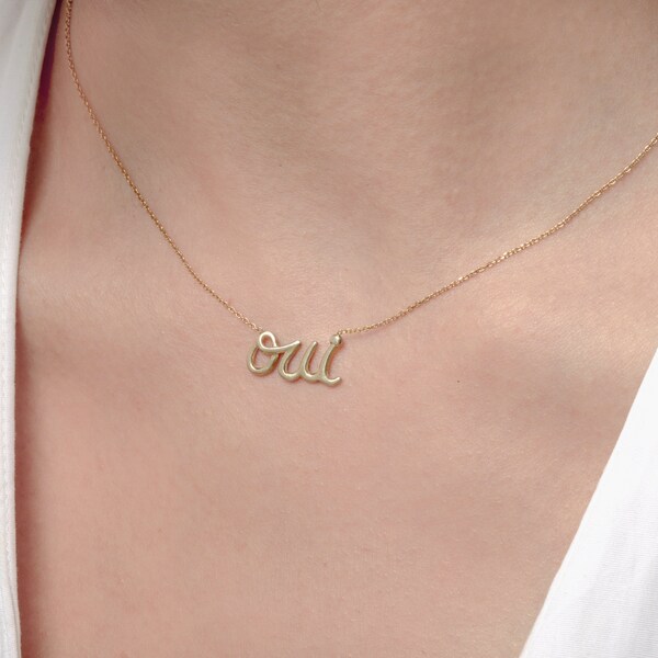 Oui necklace in solid gold for women Promise gold oui necklace Secret Engagement Necklace  Delicate alternative promise jewelry, unique gift