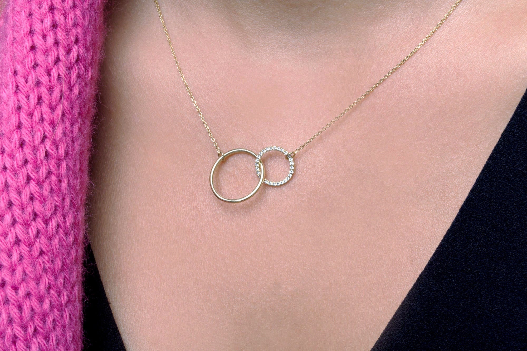 Double Circle Diamond Necklace for Women Interlocking Circles
