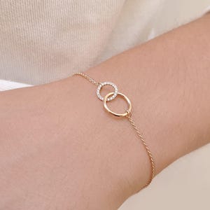Double circle diamond bracelet, Interlocking circles bracelet, Black Diamond bracelet, Dainty solid gold bracelet, Gift for her 18st 0.09ct