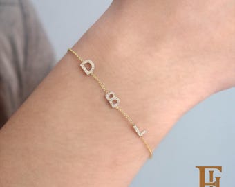 3 Diamond Initial  Bracelet in solid gold  9k,14k, or 18 karat gold