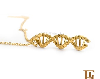 Collana scientifica in oro massiccio con ciondolo a forma di molecola di DNA, biologia e chimica