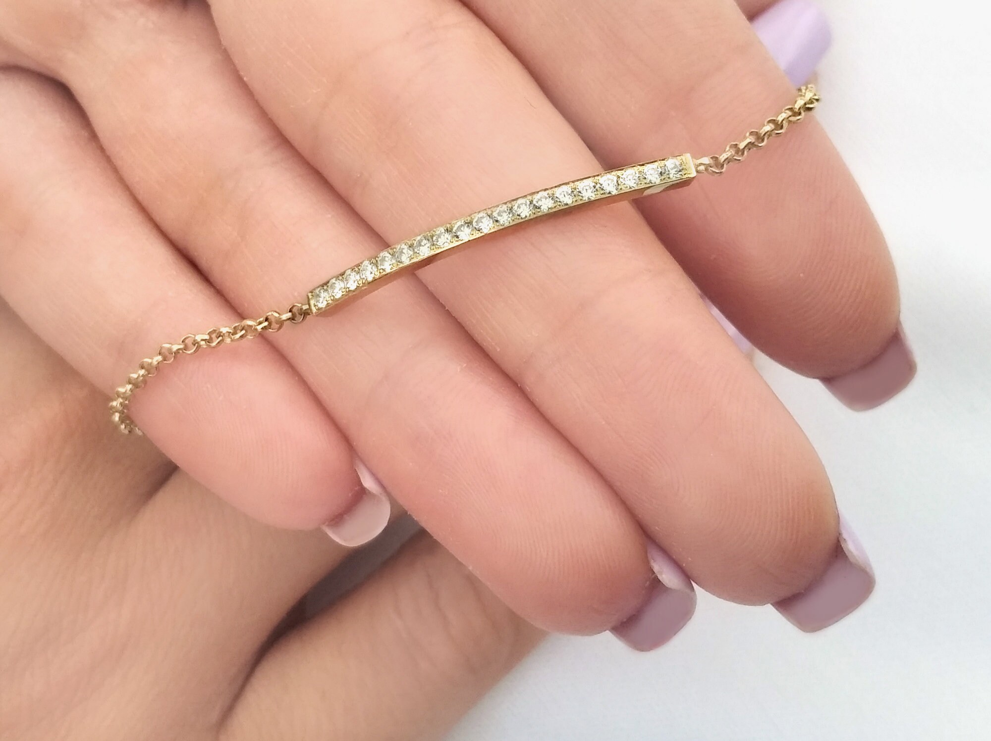 Solid Gold Bar Bracelet With 19 Diamonds Rose Gold Bar Etsy