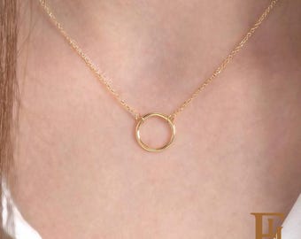 Solid Gold Circle Necklace: 9k, 14k, 18k Geometric Pendant