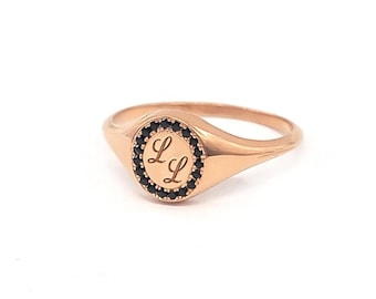 Rose Gold Black Diamond Initial Signet Pinky Ring, 9k 14k 18k
