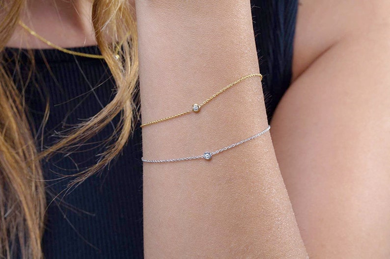 Dainty diamond bracelet in solid gold  Solitaire bracelet with image 0