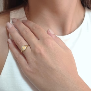 Small oval solid gold signet ring with diamonds, Dainty diamond frame ring in gold