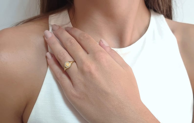 Small oval solid gold signet ring with diamonds, Dainty diamond frame ring in gold