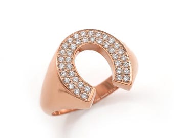 Solid Gold Diamond Horseshoe Ring: Unisex Equestrian Jewelry, Good luck gift