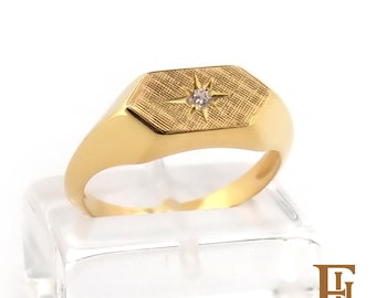 Diamond Signet Ring with Florentine Face, Vintage North Star Hexagon Design