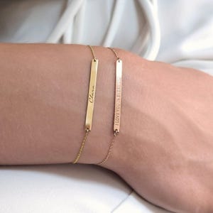 Delicada pulsera de barra con grabado personalizado, pulsera de barra personalizada de oro macizo, pulsera de firma para uso diario, regalo para mejor amigo
