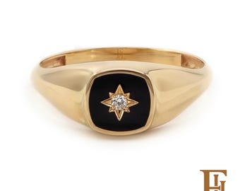 Solid Gold Diamond Signet Ring with Enamel, Star Setting, Compass Square Band