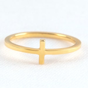 Small Bar ring in solid gold, Tiny gold cross ring, Skinny bar ring for women, Stacking gold ring, Slim sideways cross ring, Gift for her