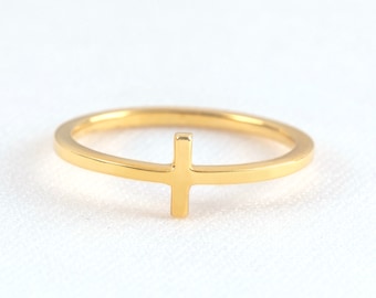 Small Bar ring in solid gold, Tiny gold cross ring, Skinny bar ring for women, Stacking gold ring, Slim sideways cross ring, Gift for her