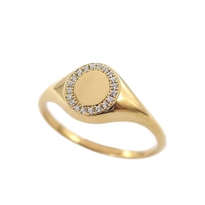 Small oval solid gold signet ring with diamonds, Dainty diamond frame ring in gold