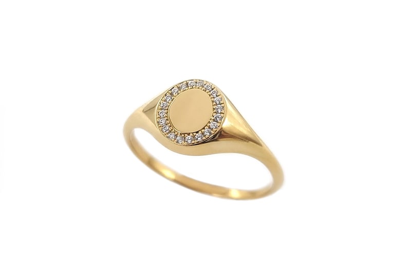 Small oval solid gold signet ring with diamonds, Dainty diamond frame ring in gold