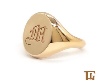 Gold Oval Signet Ring, Personalized Monogram Engraving, 9k 14k 18k