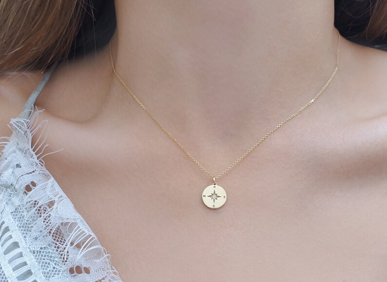 Compass necklace in solid gold Dainty Compass disc necklace image 0