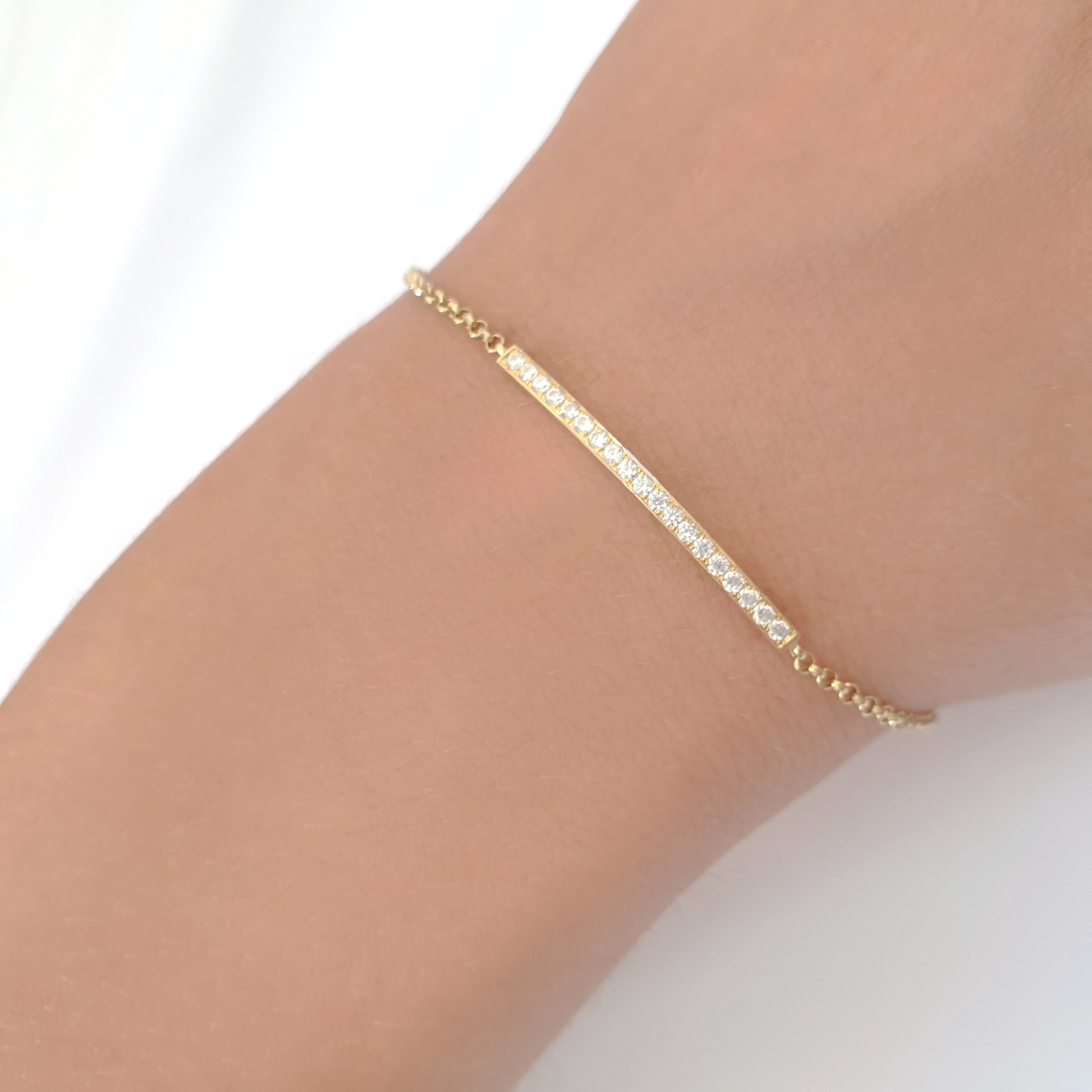 Solid Gold Bar Bracelet With 19 Diamonds Rose Gold Bar Etsy