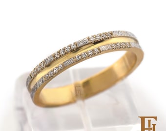 Textured Two-Tone Solid Gold Diamond Wedding Band, Handmade Promise ring, 3.5mm