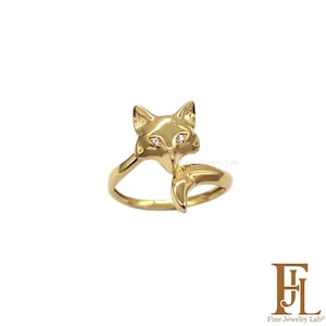 Solid gold Fox ring for women, Handmade diamond fox ring, Fox statement gold ring, Vintage fox ring with diamond eyes,  Animal jewelry
