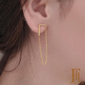 Trendy minimalist 14k solid gold Earrings With Dangling Chain, Handmade long chain Earrings, lightweight everyday earrings, Gift , 4.5 cm