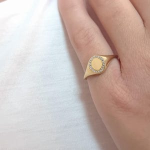Small Solid Gold Diamond Signet Ring, Engraved Initial image 2