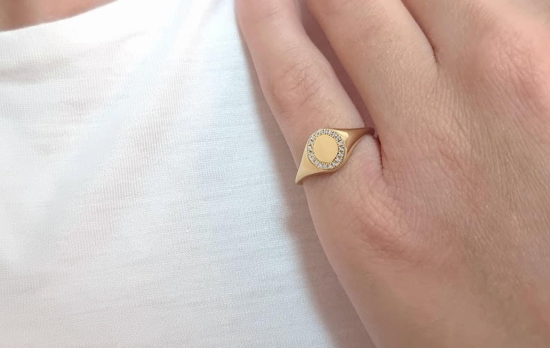 Small Solid Gold Diamond Signet Ring, Engraved Initial image 2